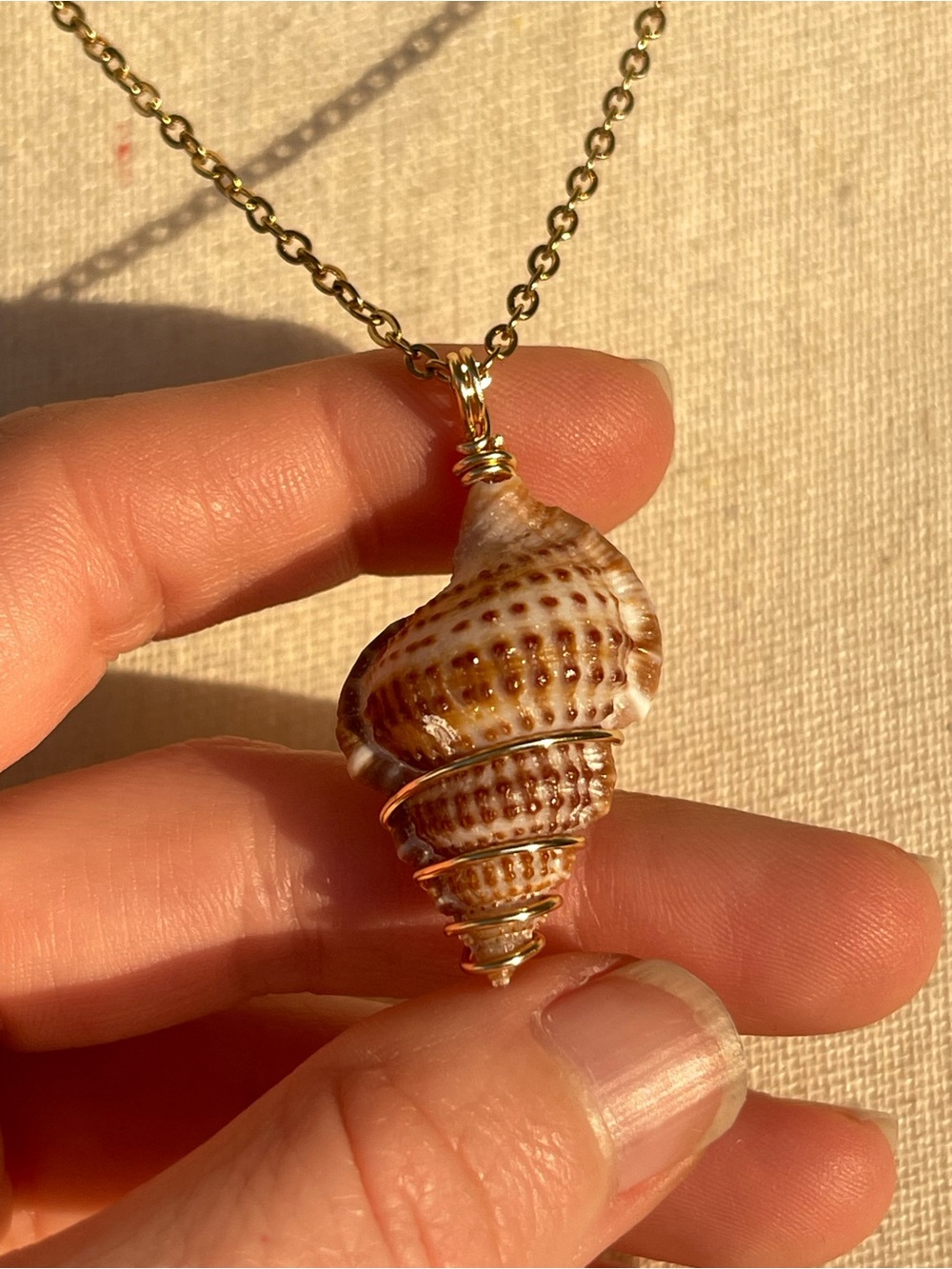 Brown Spiral Shell Gold Wire-Wrapped Pendant Necklace